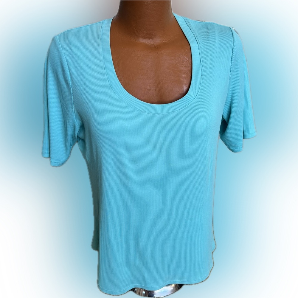 Chico’s sky blue ribbed scoop neck short sleeved tee top Cute! 2 / L